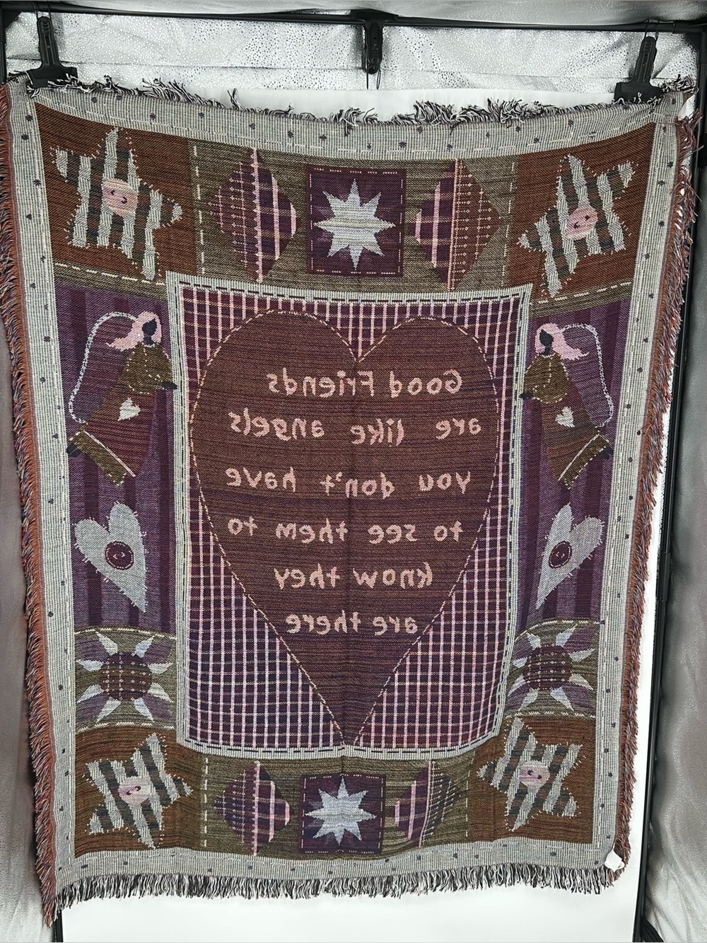 Collections Etc Primitive Country Angel Tapestry Throw Blanket 48x60 Fringe NWT - Picture 2 of 3